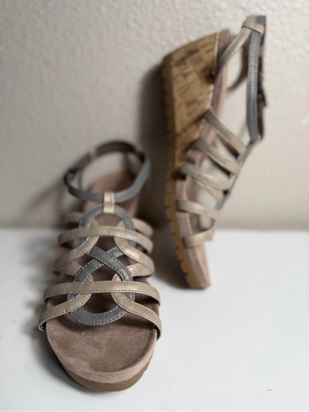 Life Stride~Soft System~Two-Tone~Neutral~Weaved Straps~Cork Wedge Sandal~Size 9
